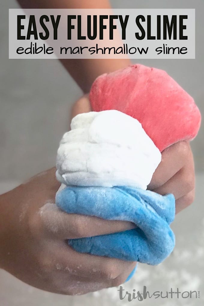 Red, white and Blue edible marshmallow slime held by a child.