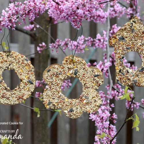 Multiple shaped birdseed ornaments hanging from a tree.