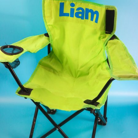 Personalized camp chair. green chair with name on it in blue iron on