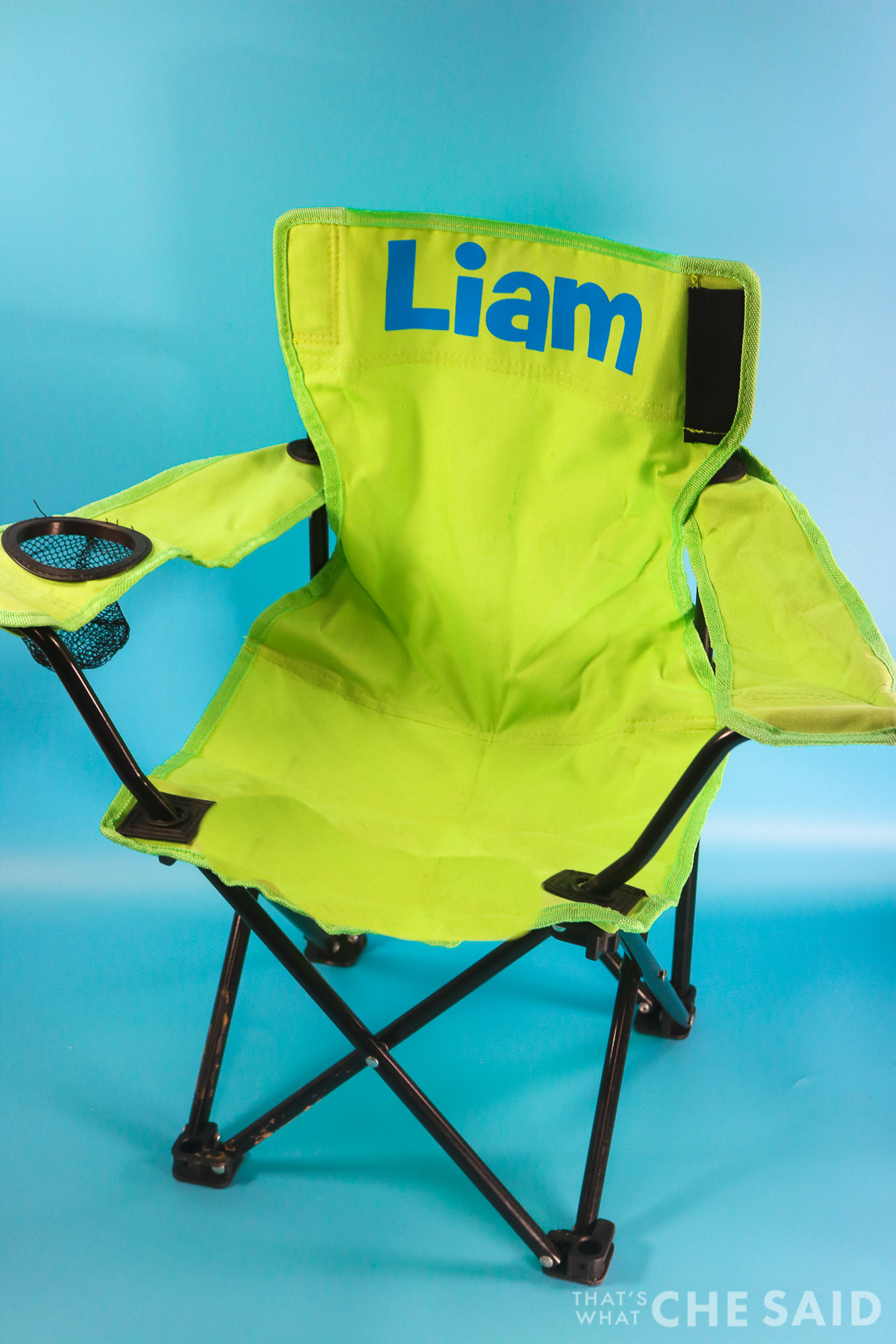 Personalized camp chair. green chair with name on it in blue iron on