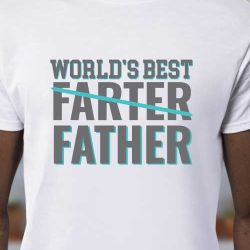 Man wearing white t-shirt with iron on in the quote "World's Best Farter (crossed out) Father" - vertical orientation