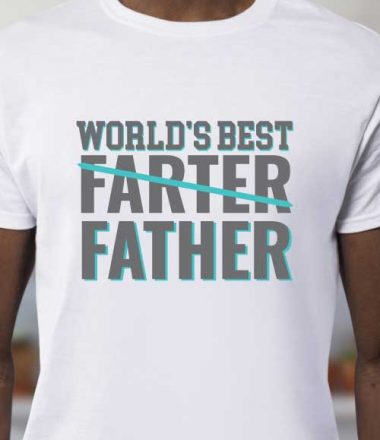 Man wearing white t-shirt with iron on in the quote "World's Best Farter (crossed out) Father" - vertical orientation