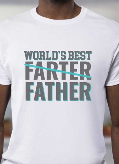 Man wearing white t-shirt with iron on in the quote "World's Best Farter (crossed out) Father" - vertical orientation