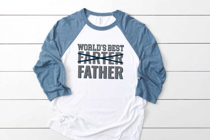 Denim blue and white Raglan T-shirt with Funny Father's Day saying in iron on. - horizontal