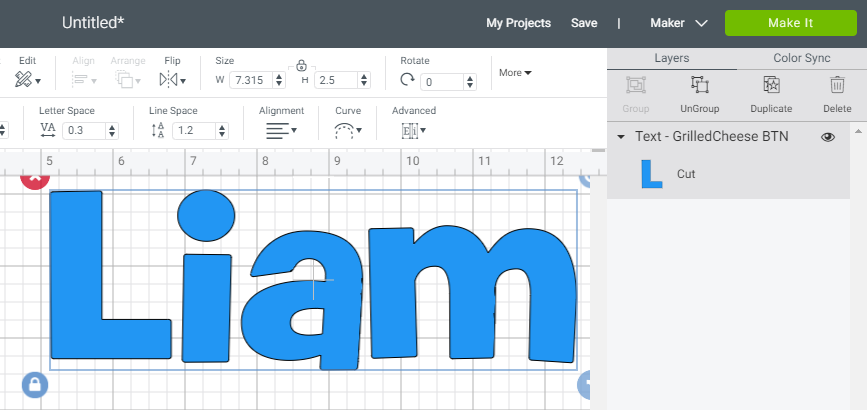 Screenshot of Cricut Design Space and the design and make it buton