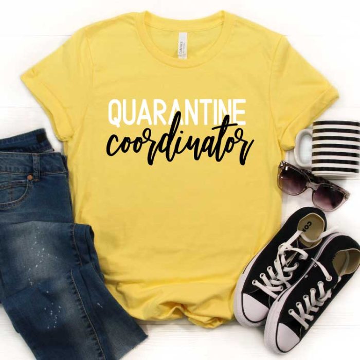 Yellow shirt with "Quarantine Coordinator" in iron on with jeans, converse coffee mug and sun glasses - Square