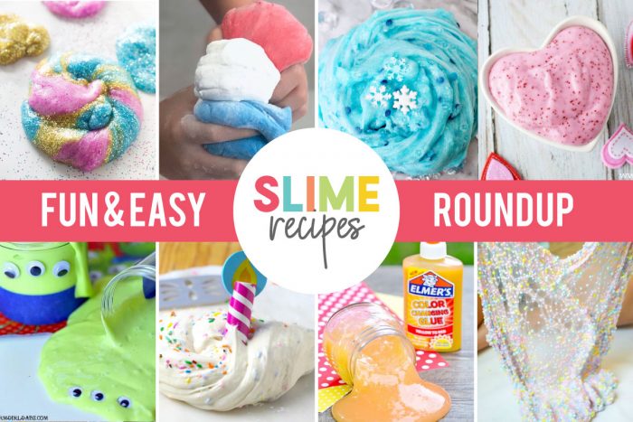 8 picture collage of some of the slime recipes included in the roundup post. 
