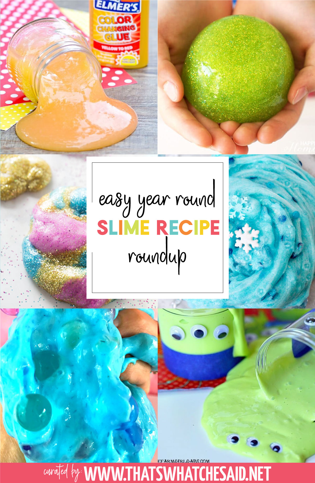 Vertical Collage of 6 different slime recipes included in the roundup post