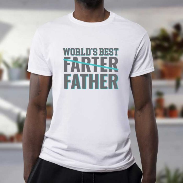 Man wearing white t-shirt with iron on in the quote "World's Best Farter (crossed out) Father" - square orientation