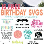 Birthday Boy/Girl T-shirts image on top and collage of the 15 free Birthday SVGs offered