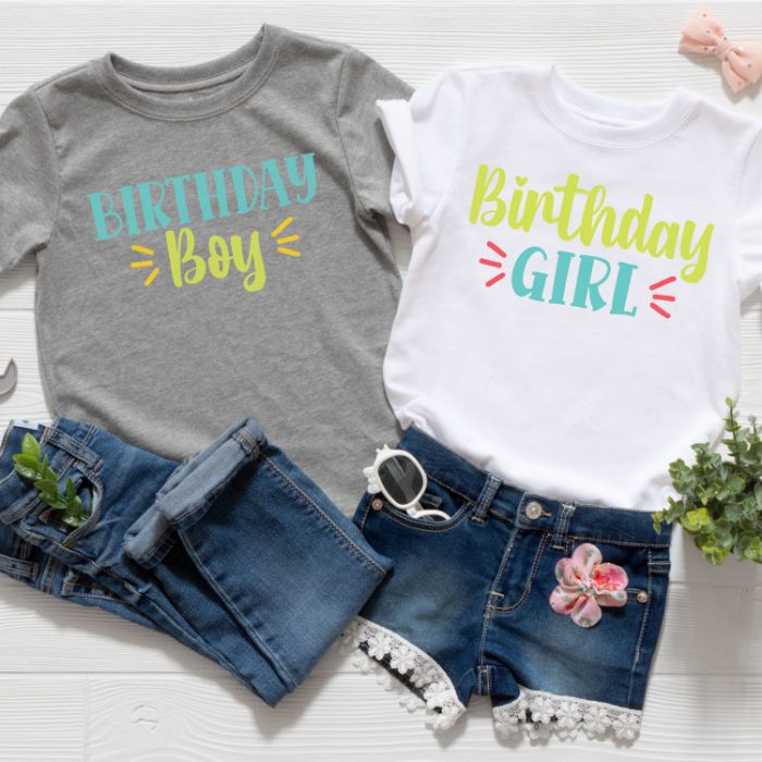 Two outfits, one girl and one boy with the Birthday Girl and Birthday Boy SVG files in iron-on in square format