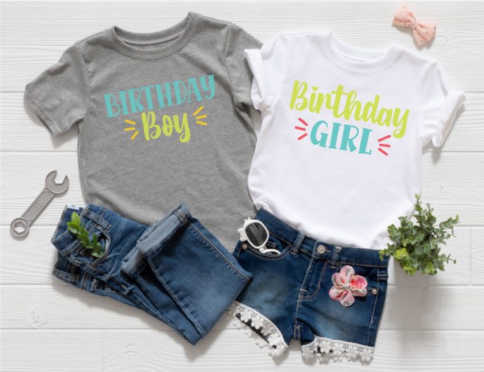 Two outfits, one girl and one boy with the Birthday Girl and Birthday Boy SVG files in iron-on in horizontal format