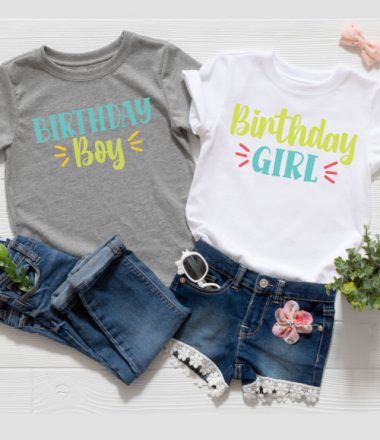 Two outfits, one girl and one boy with the Birthday Girl and Birthday Boy SVG files in iron-on in vertical format