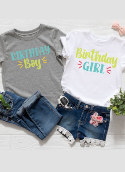 Two outfits, one girl and one boy with the Birthday Girl and Birthday Boy SVG files in iron-on in vertical format