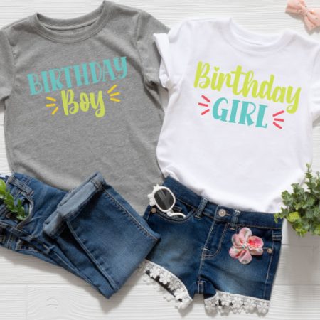 Two outfits, one girl and one boy with the Birthday Girl and Birthday Boy SVG files in iron-on in vertical format