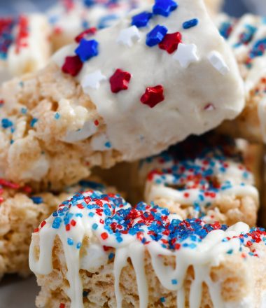 Close Up of Serving tray full of patriotically decorated Rice Krispie Treats