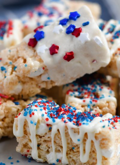 Close Up of Serving tray full of patriotically decorated Rice Krispie Treats