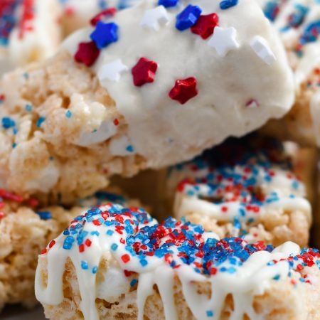 Close Up of Serving tray full of patriotically decorated Rice Krispie Treats