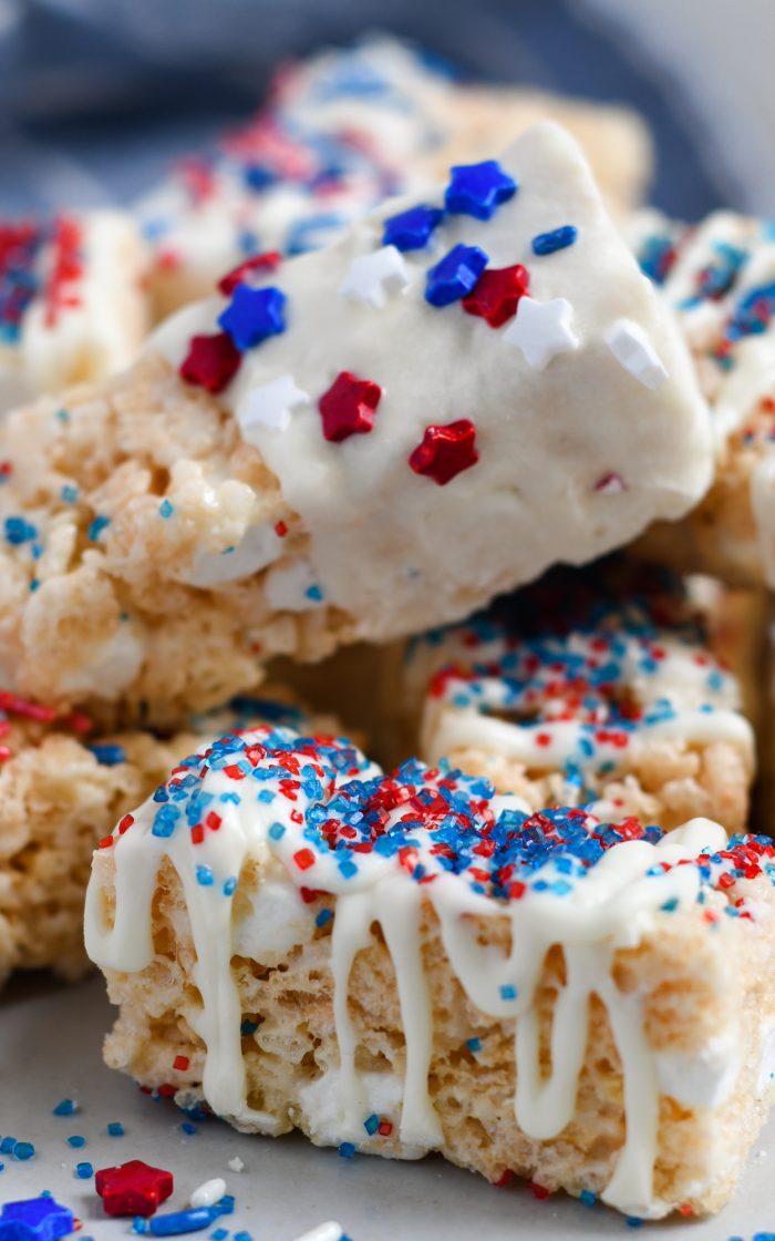 Close Up of Serving tray full of patriotically decorated Rice Krispie Treats