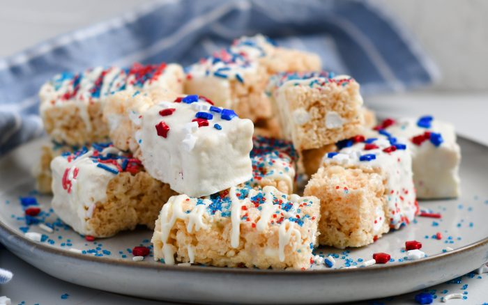 Serving tray full of patriotically decorated Rice Krispie Treats