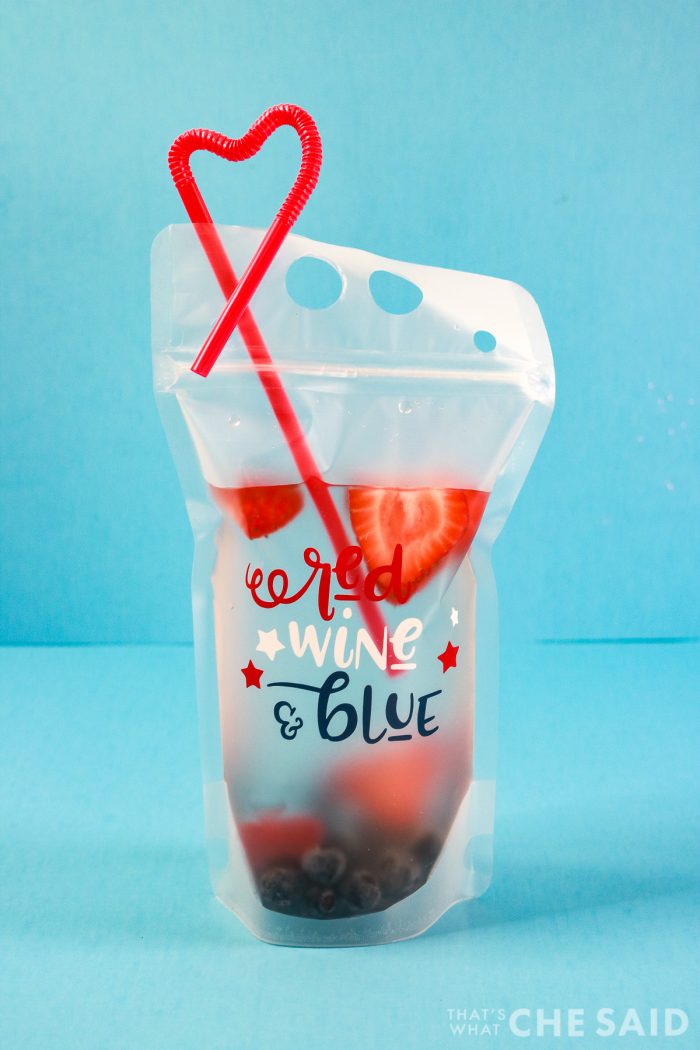 Reusable Drink Pouch filled with Water & Fresh Fruit and "Red Wine & Blue" design in adhesive vinyl.