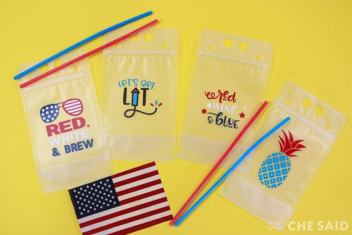 Adult Drink Pouches Personalized for the 4th of July with adhesive vinyl - Yellow Background