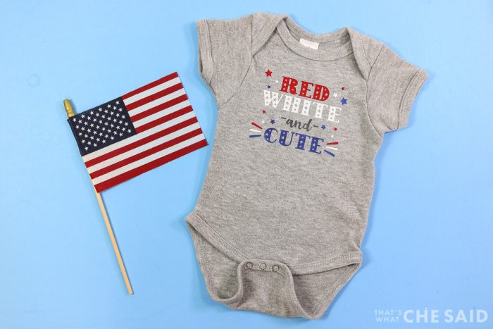 Grey Baby bodysuit with Small American Flag with Patriotic Red white and cute design with iron on - Horizontal