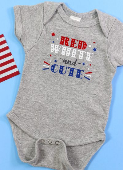Grey Baby bodysuit with Small American Flag with Patriotic Red white and cute design with iron on - Vertical