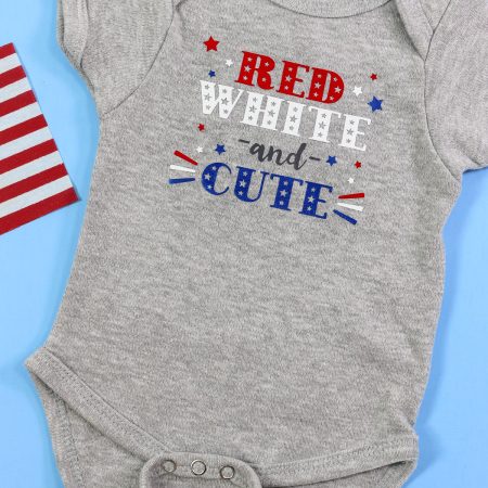 Grey Baby bodysuit with Small American Flag with Patriotic Red white and cute design with iron on - Vertical