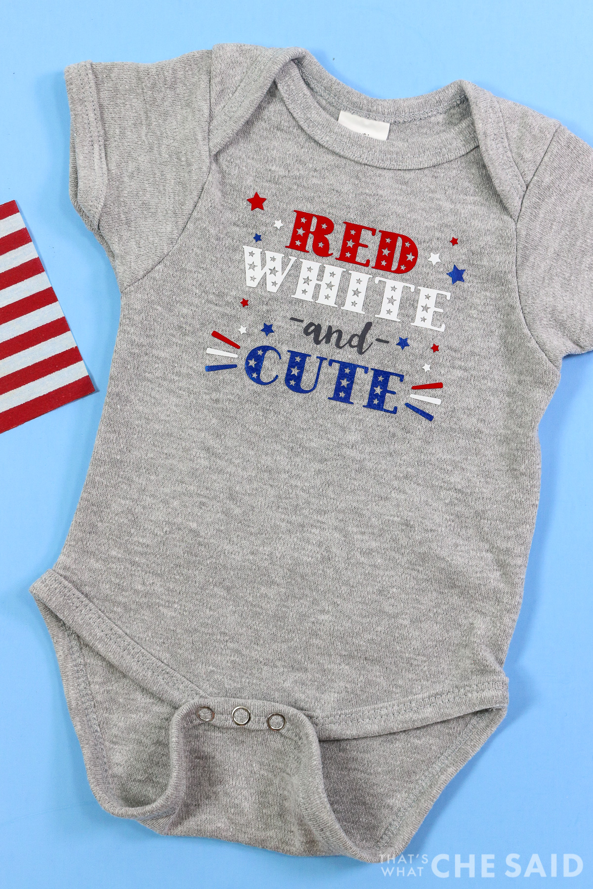 Grey Baby bodysuit with Small American Flag with Patriotic Red white and cute design with iron on - Vertical