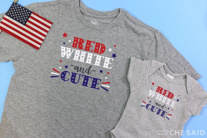Child Grey T-Shirt and Grey Baby Bodysuit with "Red White & Cute" Design applied in Iron on with American Flag accent