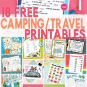 Pin image showing road trip mad lib printable on top and a collage of the 18 free printables on the bottom