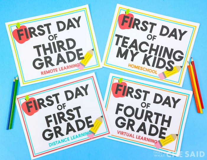 First Day of School Printables with Alternate Learning options on blue background