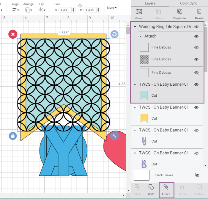 Screenshot of Cricut Design Space highlighting which layers to select and attach for debossing tool