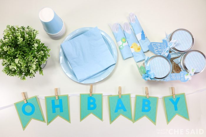 Baby Banner with Baby shower stuff like plates, napkins, and favors