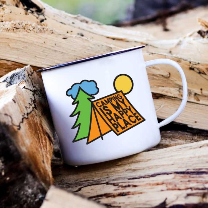 Camp Mug on a stack of wood with Camping is My Happy Place SVG in vinyl - Square