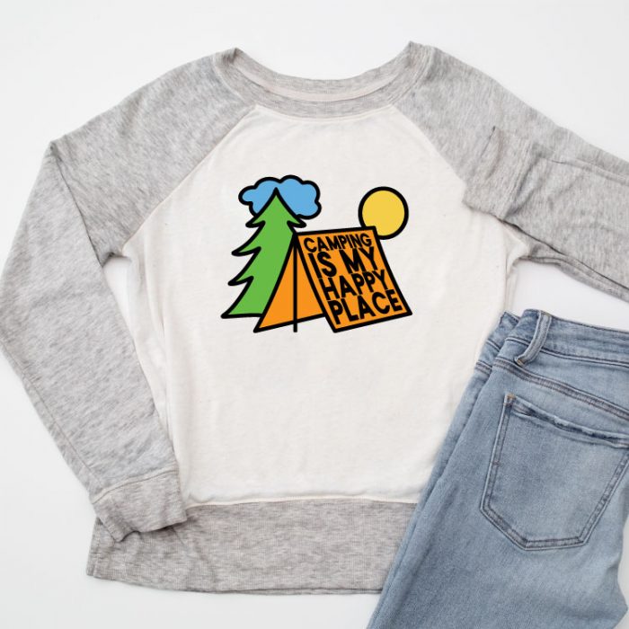 Raglan sweatshirt with camping svg in iron on.