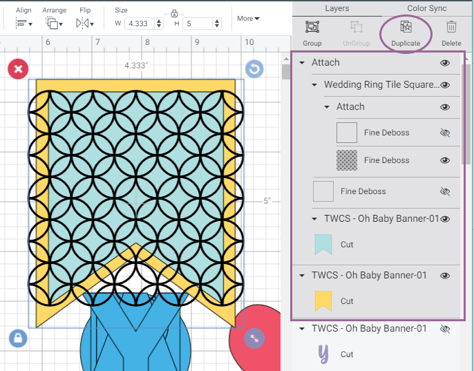 Screenshot of Cricut Design Space highlighting which layers to select and duplicate for banner