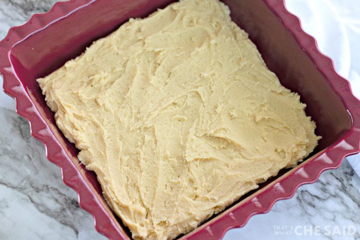 Bar dough spread in bottom of baking dish