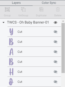 Screenshot of Cricut Design Space highlighting where to hide layers
