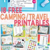 Pin image showing road trip mad lib printable on top and a collage of the 18 free printables on the bottom