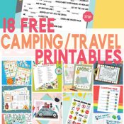 Pin image showing road trip mad lib printable on top and a collage of the 18 free printables on the bottom