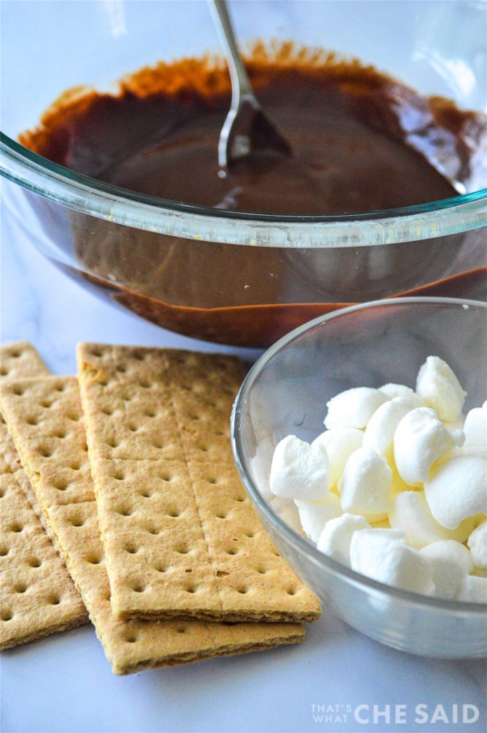 Ingredients, chocolate mixture, graham crackers marshmallows