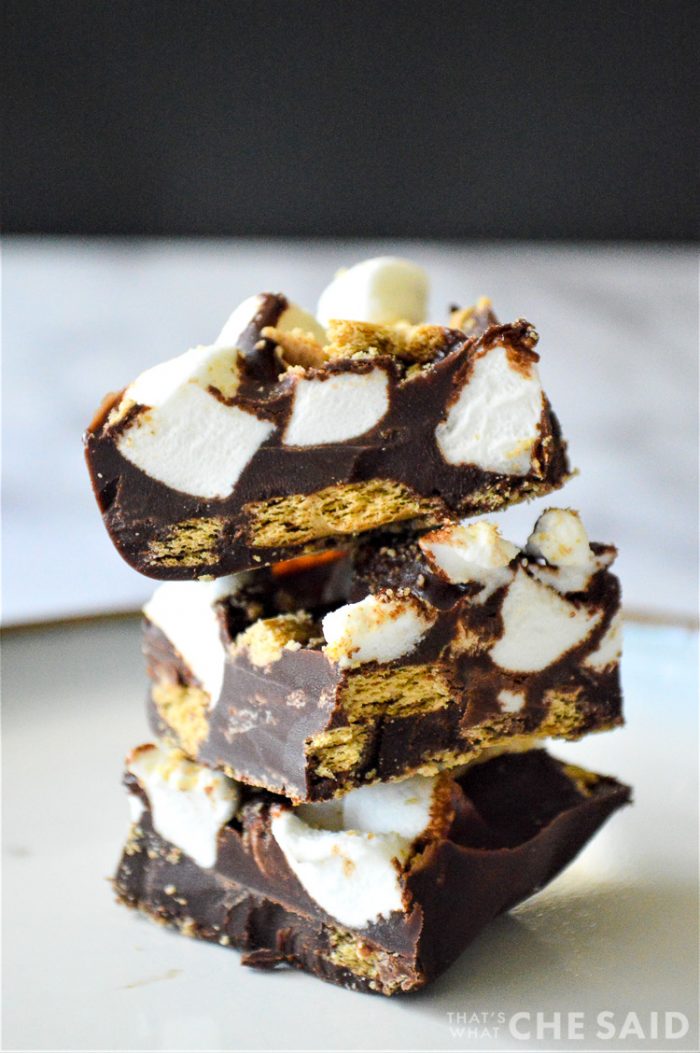 3 pieces of smores fudge stacked