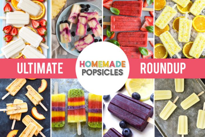 Collage of 8 different homemade popsicle recipes that are listed in this post. 