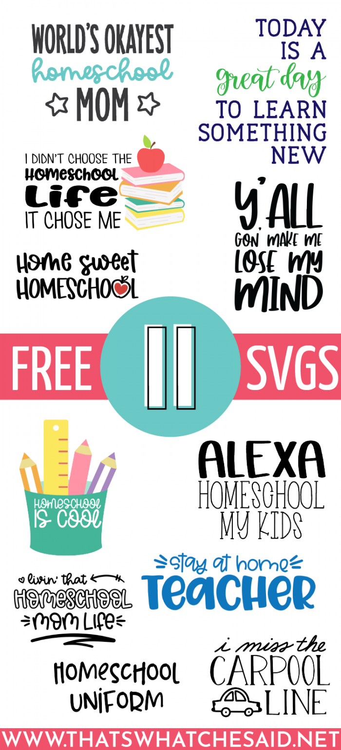 World's Okayest Homeschool Mom SVG files plus 10 other designs in a collage as part of a monthly blog hop