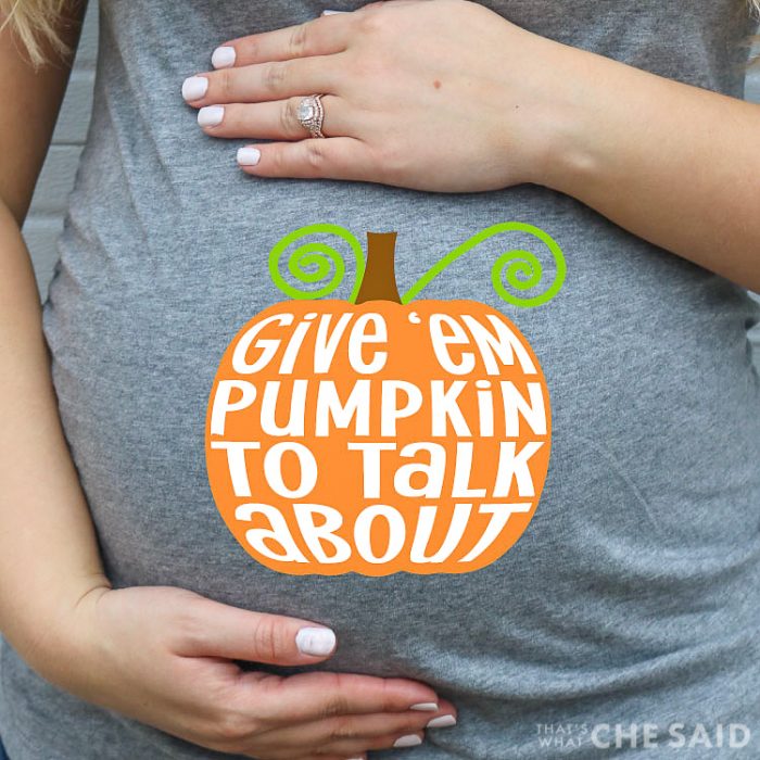 Grey Maternity shirt (with belly) and free pumpkin design applied with iron-in