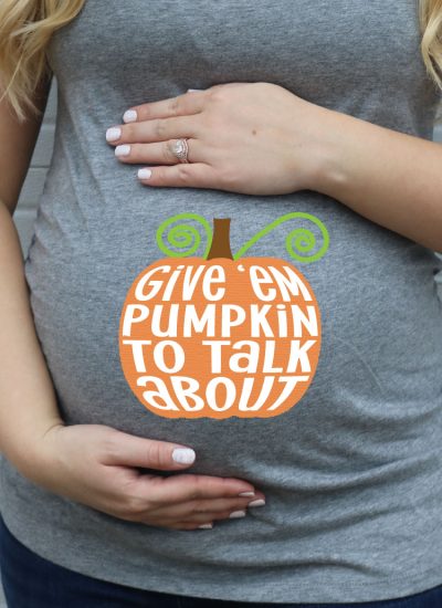 Grey Maternity shirt (with belly) and free pumpkin design applied with iron-in - Vertical