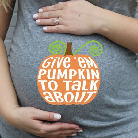 Grey Maternity shirt (with belly) and free pumpkin design applied with iron-in - Vertical