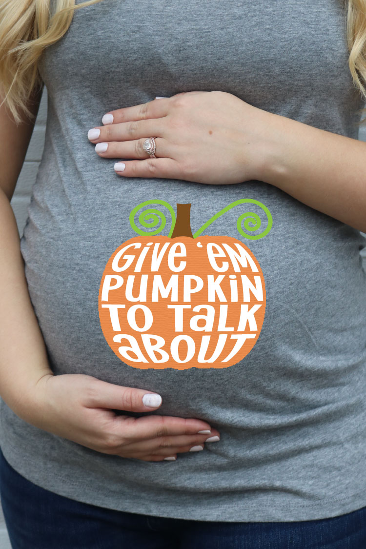 Grey Maternity shirt (with belly) and free pumpkin design applied with iron-in - Vertical